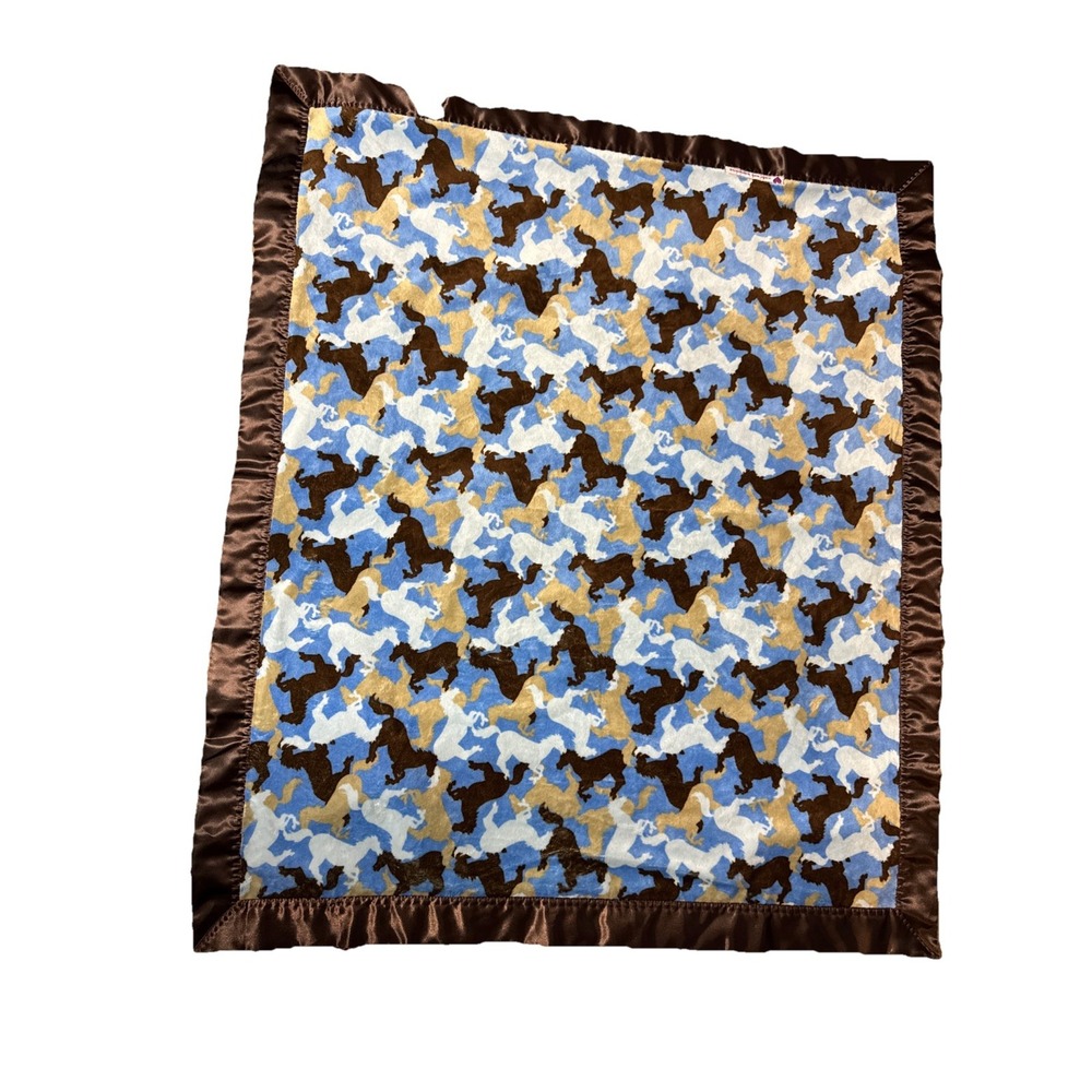 Baby Receiving Blanket Horses Cowboy Brown Blue Satin Trim  SOFT Velour 35x30"